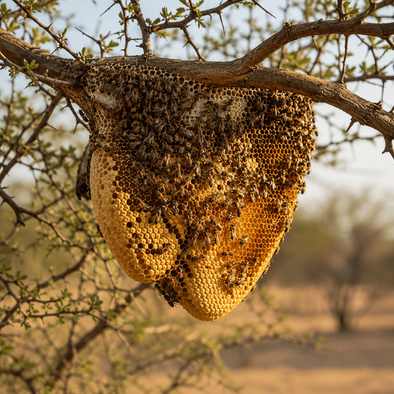 Wild honeycomb on a desert branch, before harvest