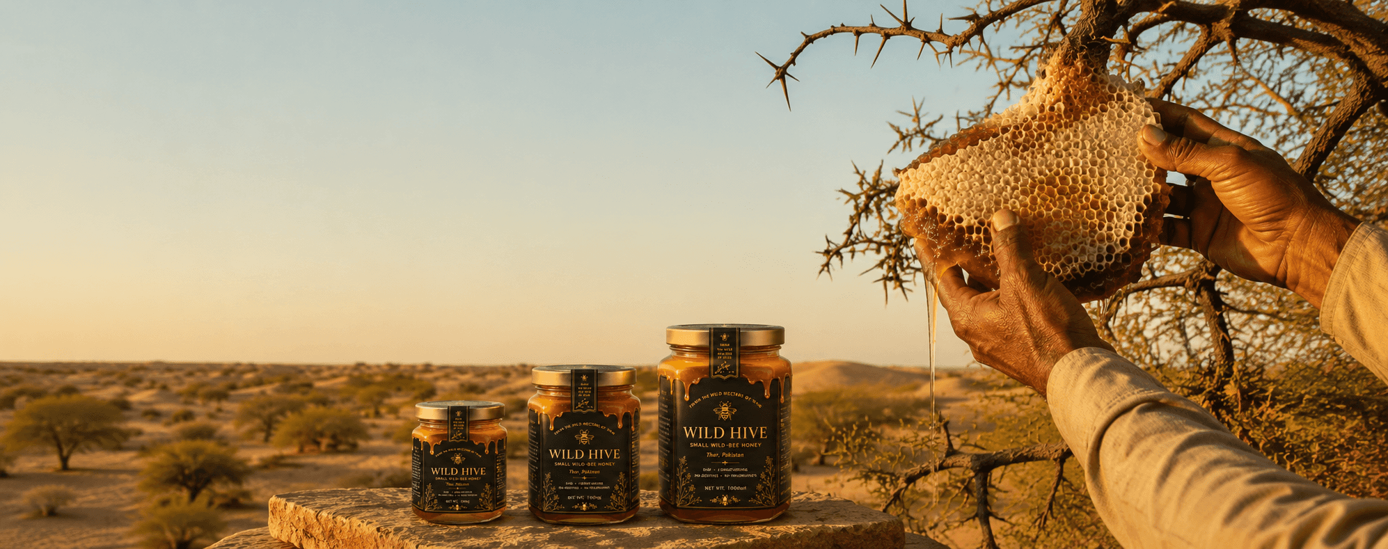 Wild honeycomb being lifted by hand in the Sindh desert at golden hour